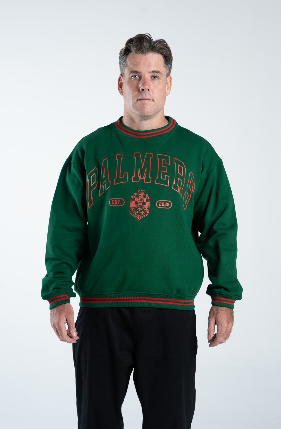 Varsity Crest Ribbed Crewneck- Billiard Green