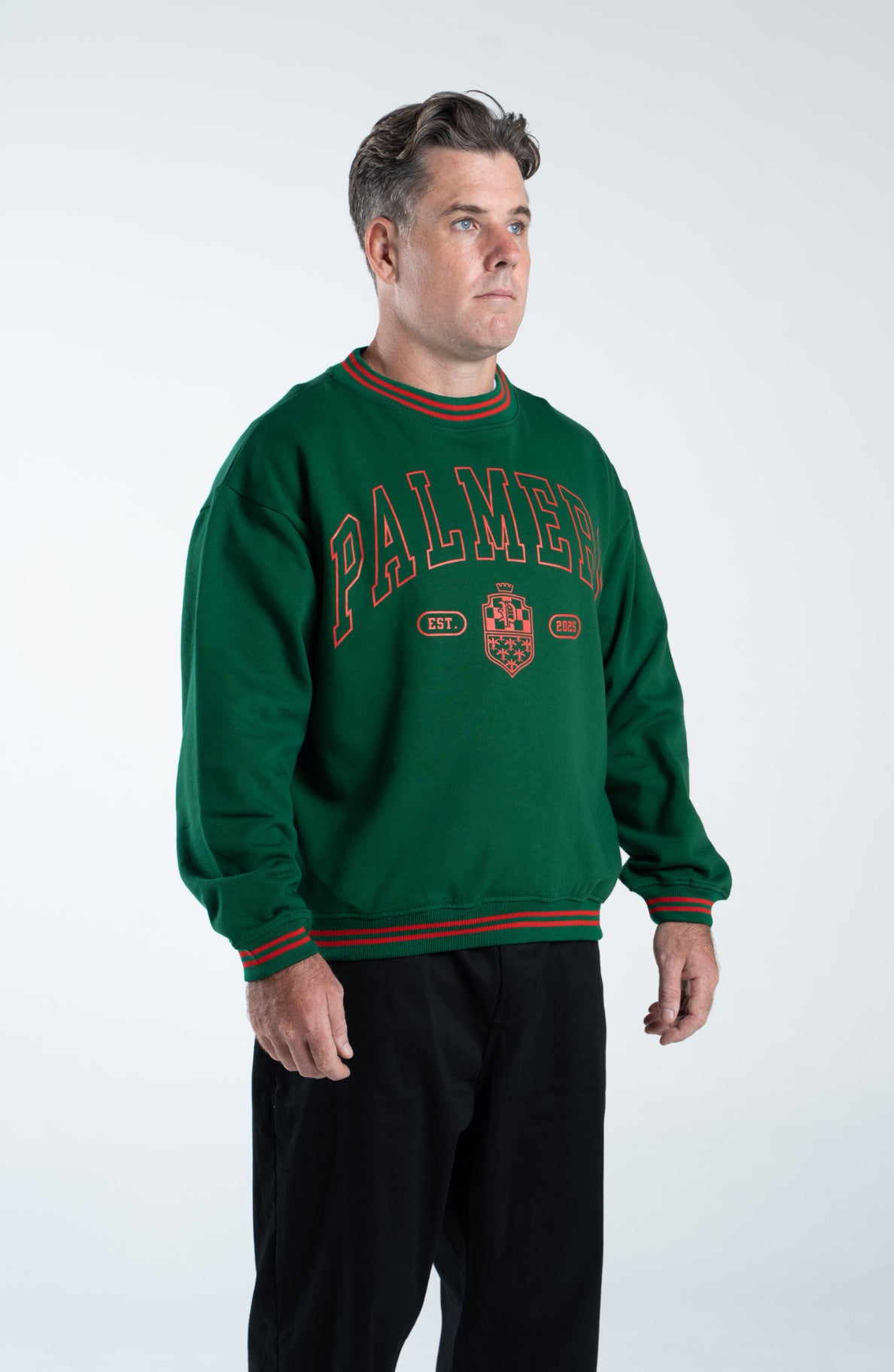 Varsity Crest Ribbed Crewneck- Billiard Green
